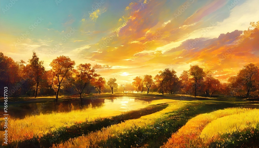 Obraz premium Inspired by a park, a sunset, and the pleasant light that falls on you.