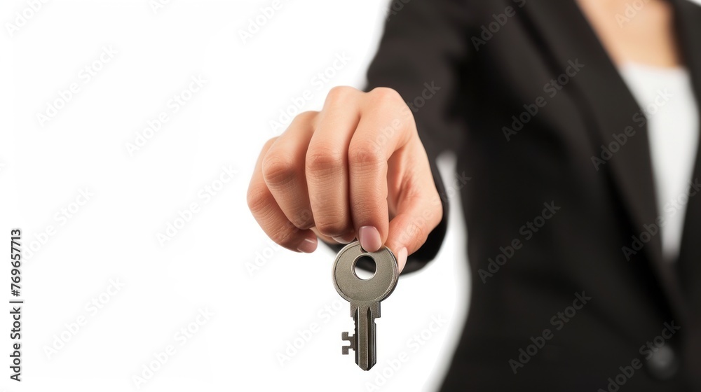 Close up businesswoman hand with touch pressing gesture while holding a key. AI generated image Close up businesswoman hand with touch pressing gesture while holding a key. AI generated image