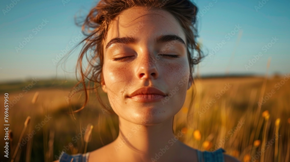 A serene woman with closed eyes freckles and a soft smile standing in a field of tall grass with yellow flowers basking in the warm glow of a sunset.