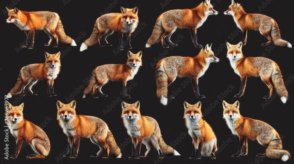 Animal fox  set collection. Isolated on black background. Generative AI