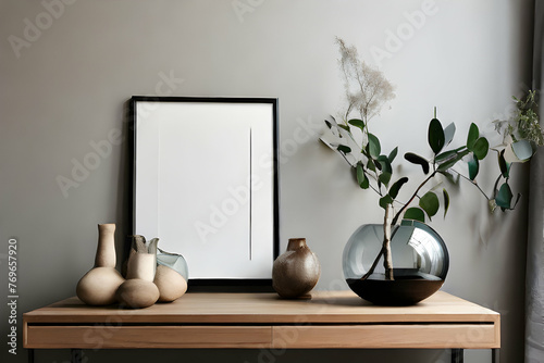 design scene with vases interior, home, room, furniture, table, design, kitchen, wall, house, decoration, wood, mirror, plant, Ai generated 