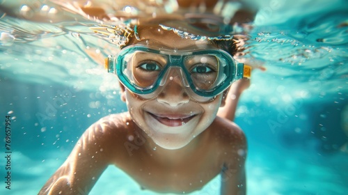 A young child wearing goggles smiling underwater with bubbles and blue water.