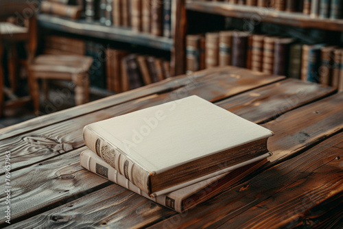 Create a book cover mock-up resting on a rustic wooden table in a cozy library.