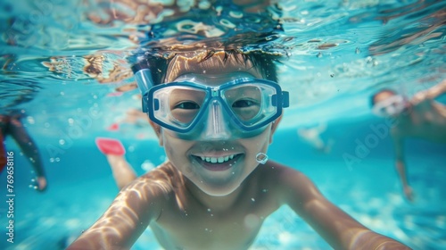 A young boy with a big smile wearing blue goggles swimming in clear blue water surrounded by bubbles.