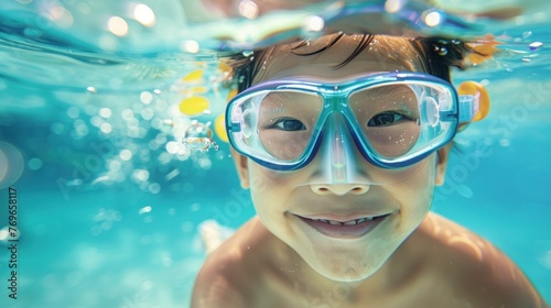 A young child with a joyful expression wearing blue goggles submerged in clear blue water looking directly at the camera. © iuricazac