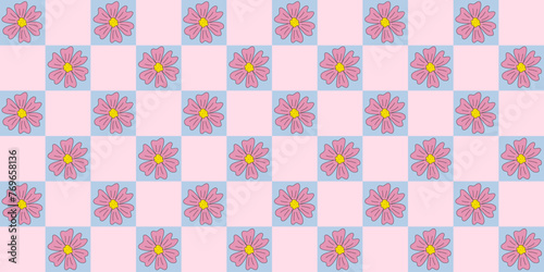 Seamless pattern with meadow or daisy flowers, checked pink and blue background, vector