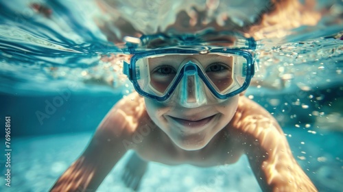 A young child wearing goggles smiling underwater with bubbles and light filtering through the water.