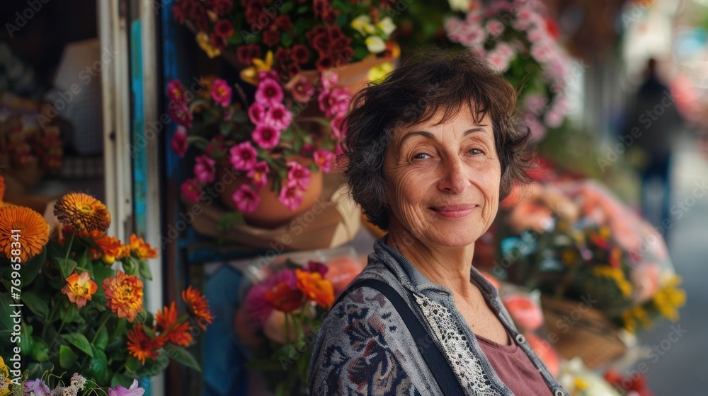 A smiling woman with short hair wearing a patterned top standing in front of a vibrant flower display with a variety of colors including pink orange yellow and purple flowers. A smiling woman with short hair wearing a patterned top standing in front of a vibrant flower display with a variety of colors including pink orange yellow and purple flowers.