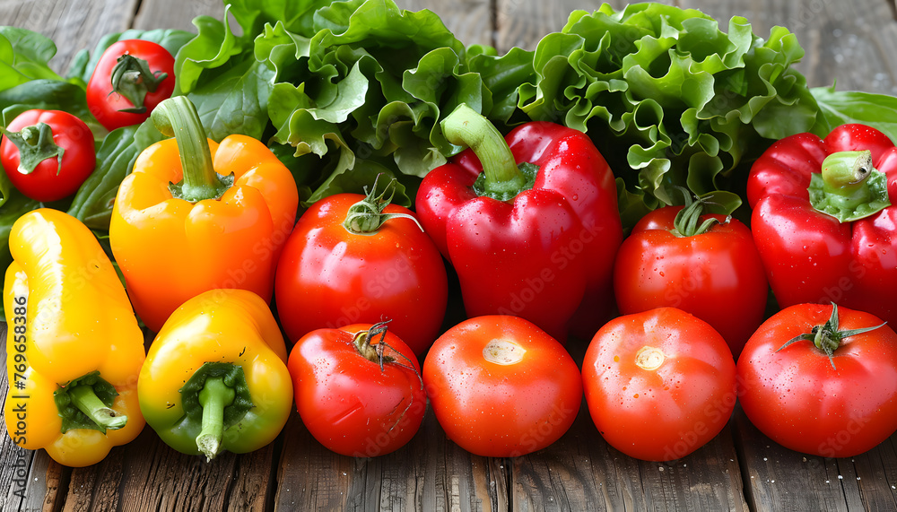 Fresh natural foods like tomatoes, peppers, and lettuce on a wooden table