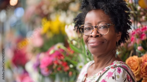 A smiling woman with glasses wearing a floral top standing in front of a vibrant floral display.