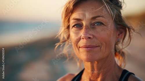 A woman with blonde hair and blue eyes standing on a beach at sunset with a serene expression.