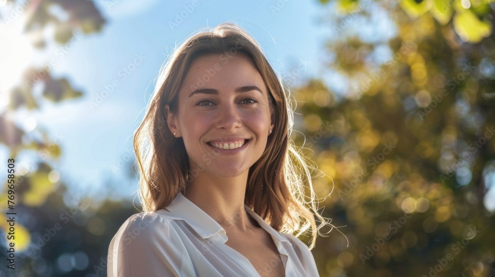 Beautiful young woman with long dark hair smiling at camera wearing white blouse standing in front of blurred greenery and blue sky. Beautiful young woman with long dark hair smiling at camera wearing white blouse standing in front of blurred greenery and blue sky.