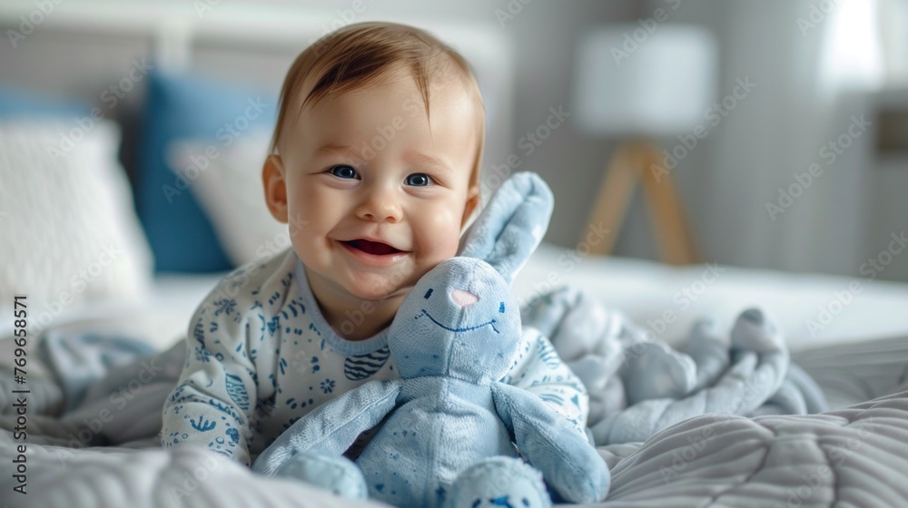 Baby with blue eyes and a smile holding a blue stuffed bunny sitting on a bed with white and blue bedding in a brightly lit room with a wooden floor and a lamp in the background. Baby with blue eyes and a smile holding a blue stuffed bunny sitting on a bed with white and blue bedding in a brightly lit room with a wooden floor and a lamp in the background.