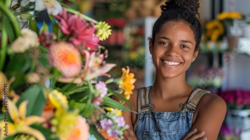 A cheerful woman in a denim jumpsuit stands in a vibrant flower shop surrounded by a colorful array of blooms. © iuricazac