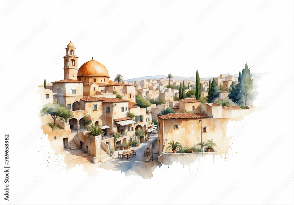 Obraz premium Al-Aqsa mosque and Dome of the Rock in Jerusalem, Israel. Watercolor fantasy, sketch on white paper.