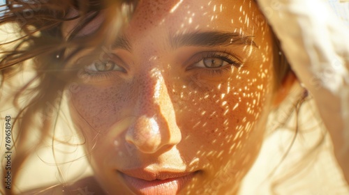 A close-up of a woman with sunlit freckles and eyes her hair partially covering her face creating a soft warm glow.