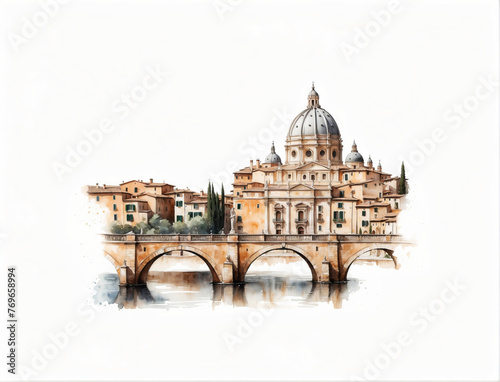 Watercolor fantasy, sketch on white paper. St. Peter's Basilica in the city