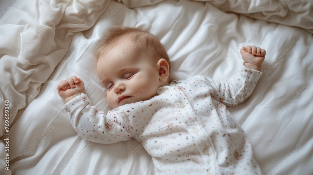 A serene image of a sleeping baby with closed eyes peacefully resting on a soft white bedspread dressed in a white onesie adorned with a subtle pattern. A serene image of a sleeping baby with closed eyes peacefully resting on a soft white bedspread dressed in a white onesie adorned with a subtle pattern.