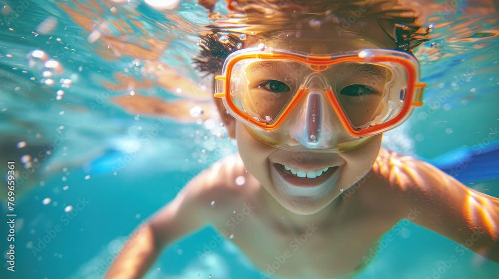 Young child smiling underwater wearing orange goggles swimming in clear blue pool.