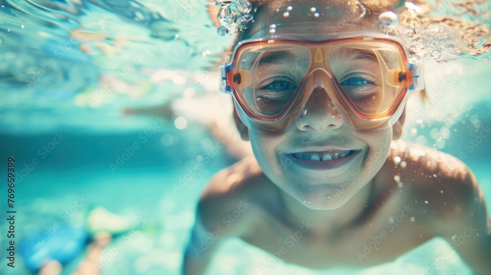 A young boy with blue eyes wearing orange goggles smiling underwater in a swimming pool.
