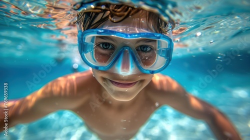 A young boy with blue goggles smiling underwater enjoying swimming.