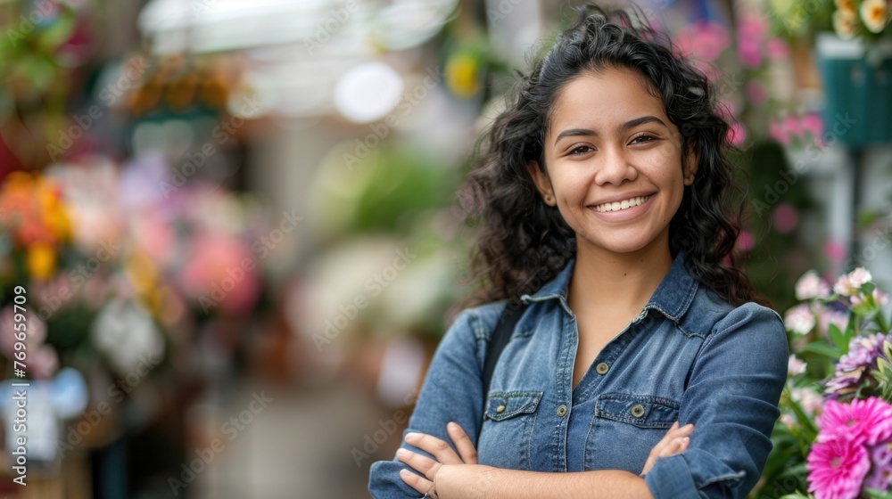 Young woman with curly hair smiling wearing blue denim shirt standing in front of colorful flowers in a market setting.