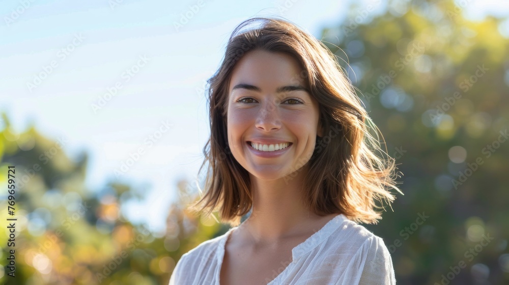 Smiling woman with long hair wearing white blouse standing in front of blurred trees under a bright sky. Smiling woman with long hair wearing white blouse standing in front of blurred trees under a bright sky.