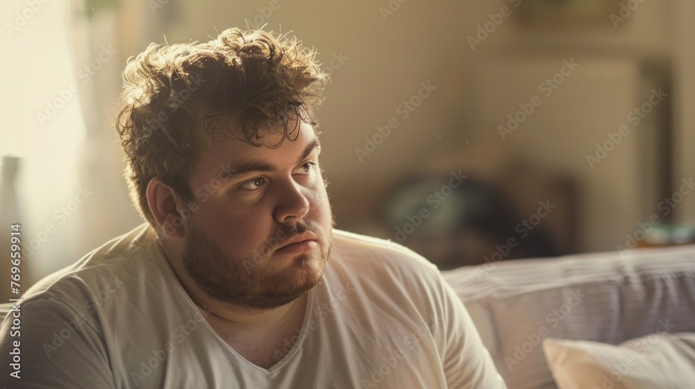 A man with curly hair a beard and a thoughtful expression sitting on a bed with sunlight streaming in. A man with curly hair a beard and a thoughtful expression sitting on a bed with sunlight streaming in.