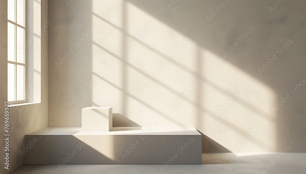 Elegant podium and cube on a beige background near the window with sunlight and shadows Elegant podium and cube on a beige background near the window with sunlight and shadows