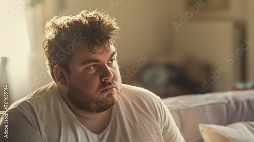 A man with curly hair a beard and a thoughtful expression sitting on a bed with sunlight streaming in.
