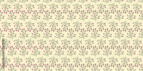 Seamless pattern with blossom small roses flowers on branches, doodle style vector illustration