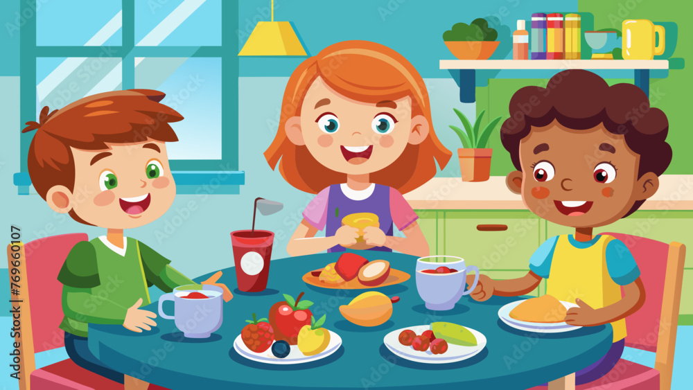 a vector illustration of happy kids eating healthy a vector illustration of happy kids eating healthy