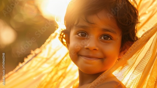 A young child with a radiant smile looking directly at the camera with their face partially obscured by a bright yellow fabric set against a blurred warm-toned backgrou nd.