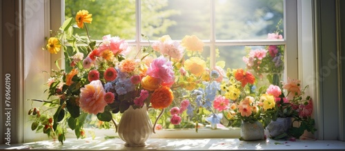 A beautiful flower arrangement sits in a vase on a window sill, bringing a touch of nature and art to the houses interior. The colorful petals add a vibrant pop against the natural landscape outside