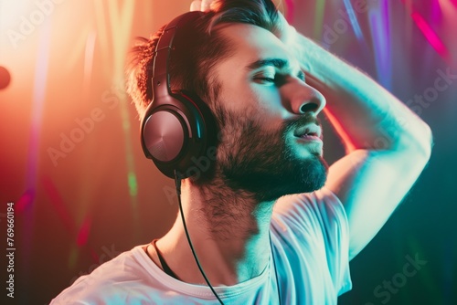 man with headphones bobbing his head to music