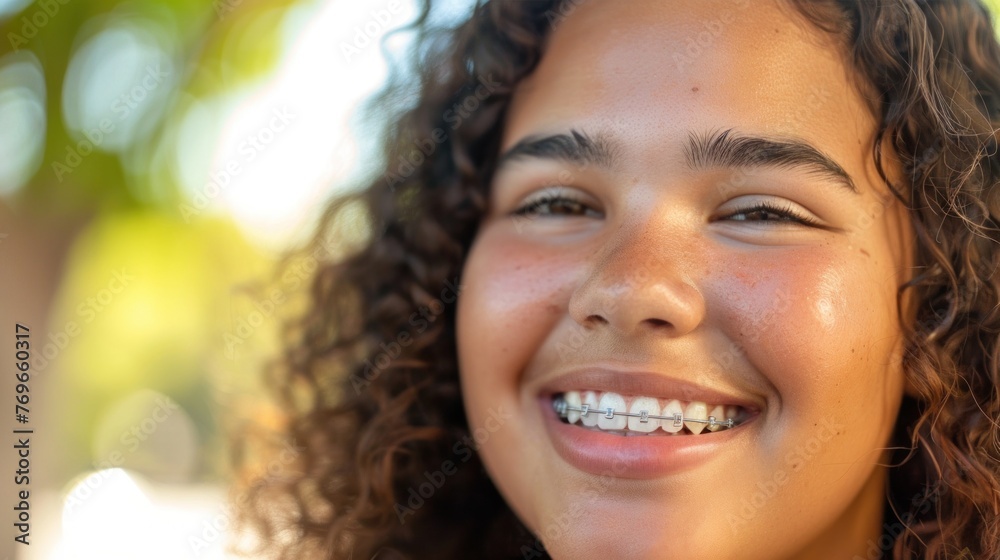 A young woman with curly hair a radiant smile and braces set against a blurred background of greenery. A young woman with curly hair a radiant smile and braces set against a blurred background of greenery.