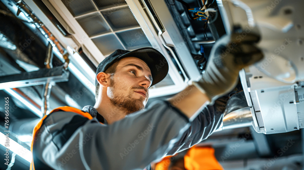 A man is performing maintenance on an air conditioner unit, focusing on repairing and ensuring its optimal performance A man is performing maintenance on an air conditioner unit, focusing on repairing and ensuring its optimal performance