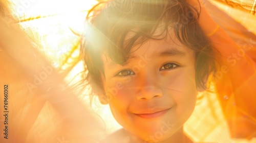 A young child with a radiant smile looking directly at the camera with sunlight streaming through their hair and an orange fabric in the background creating a warm and joyful atmosphere. photo