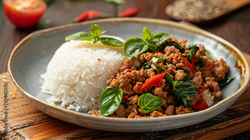Stir-fried ground pork with basil on a wooden table.