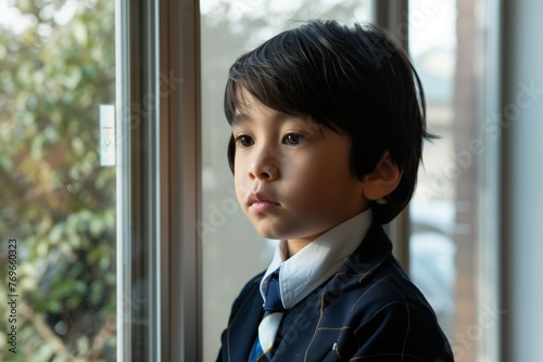 Free Download child in a school uniform looking out the window thoughtfully - GFXLoad
