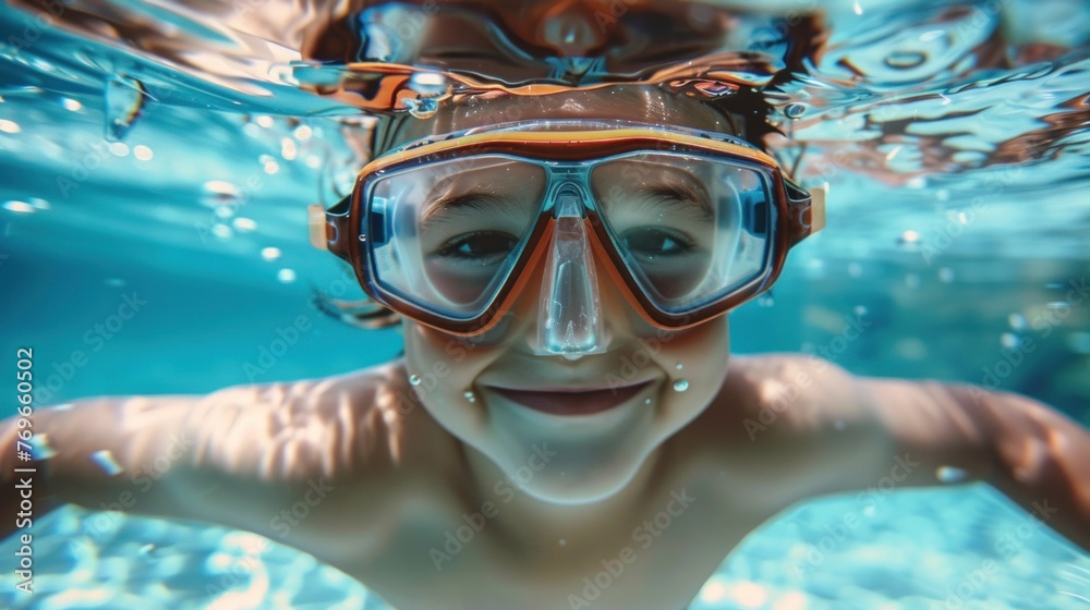 A cheerful child wearing orange goggles smiling underwater in a swimming pool.