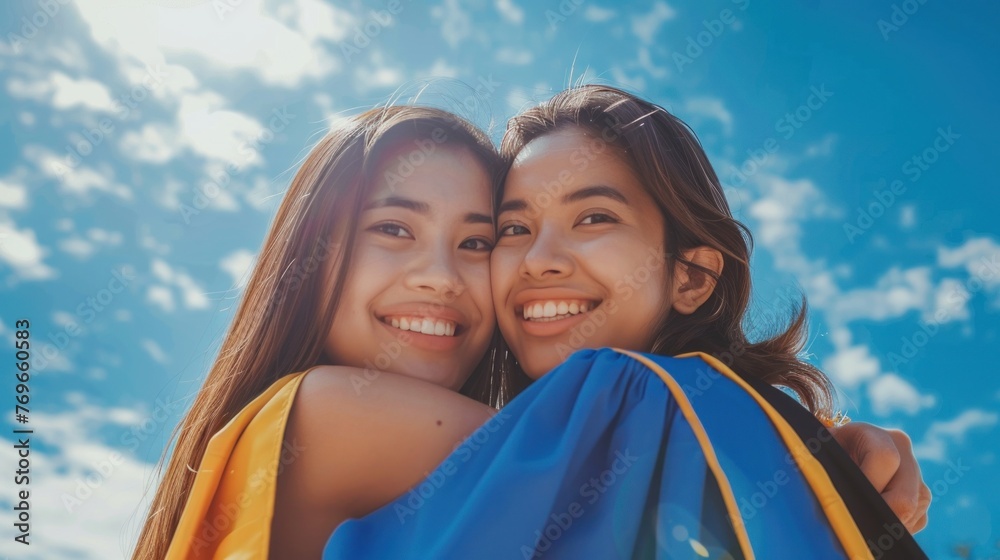 Two young women with long hair smiling and hugging each other wearing blue and yellow graduation attire against a bright blue sky with scattered clouds. Two young women with long hair smiling and hugging each other wearing blue and yellow graduation attire against a bright blue sky with scattered clouds.