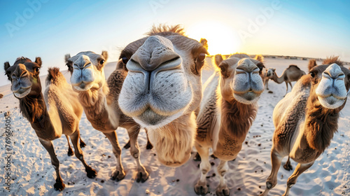 A group of camels standing on top of a sandy beach, blending into the desert landscape © Anoo
