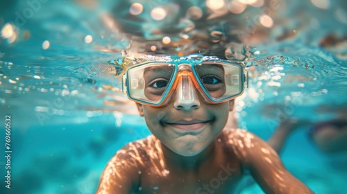 A young boy with a joyful expression wearing orange and blue goggles smiling underwater with bubbles around him. © iuricazac