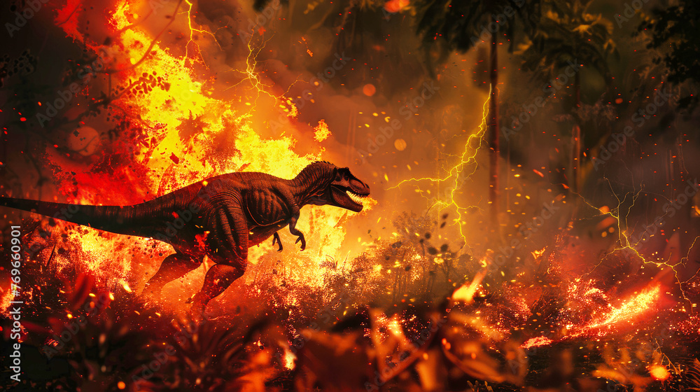Fototapeta A prehistoric dinosaur stands in the midst of a raging fire, surrounded by flames and smoke