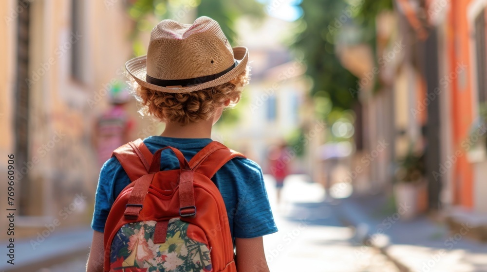 Young child with curly hair wearing a straw hat and an orange backpack walking down a narrow street lined with buildings and trees.
