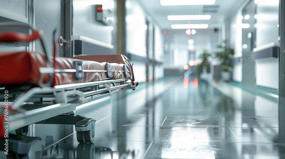 Obraz premium A hospital room featuring a row of beds and carts lined up neatly, ready for patient care and treatment