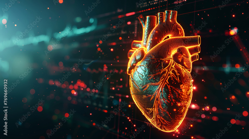 A human heart is depicted in the center, surrounded by intricate lines and dots in an abstract illustration A human heart is depicted in the center, surrounded by intricate lines and dots in an abstract illustration