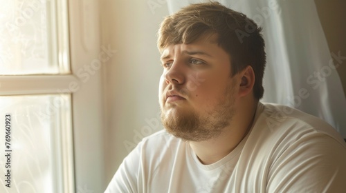 Young man with beard contemplative expression sitting by window with sunlight streaming in.