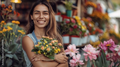 Smiling woman in floral top holding bouquet of yellow and orange flowers surrounded by colorful potted plants in a garden or nursery setting. © iuricazac